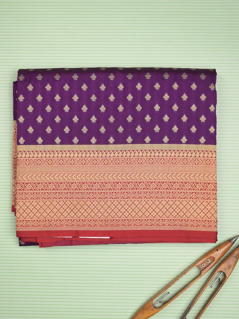 Banaras fancy saree purple color allover zari motifs & zari border with rich pallu and contrast plain blouse