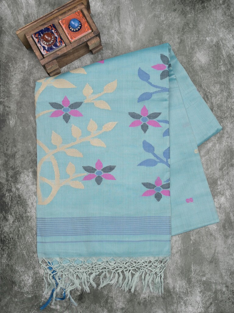 Khadhi cotton saree sky blue color allover butis & small kaddi border with weaving pallu and plain blouse