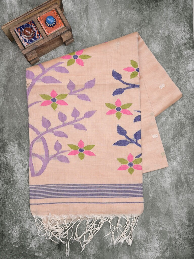 Khadhi cotton saree light peach color allover butis & small kaddi border with weaving pallu and plain blouse