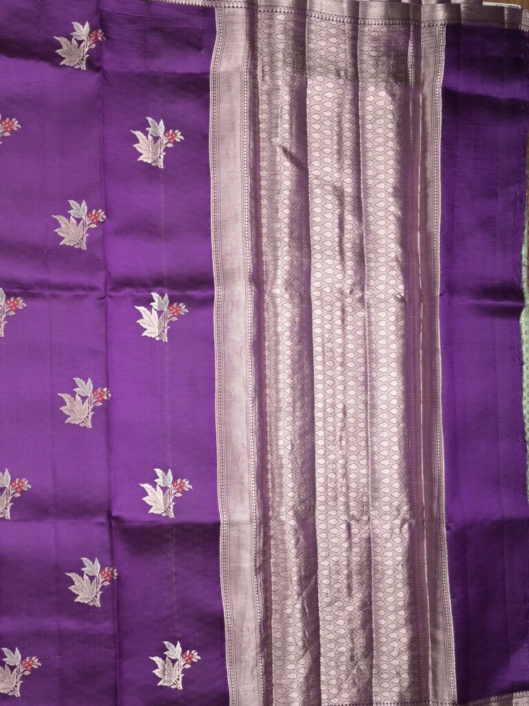 Raw mango pattu saree violet color allover zari weaves & small zari border with short pallu and contrast blouse
