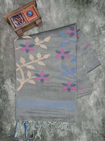 Khadhi cotton saree grey color allover butis & small kaddi border with weaving pallu and plain blouse