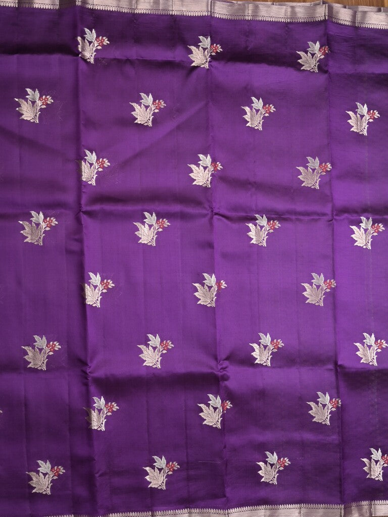 Raw mango pattu saree violet color allover zari weaves & small zari border with short pallu and contrast blouse