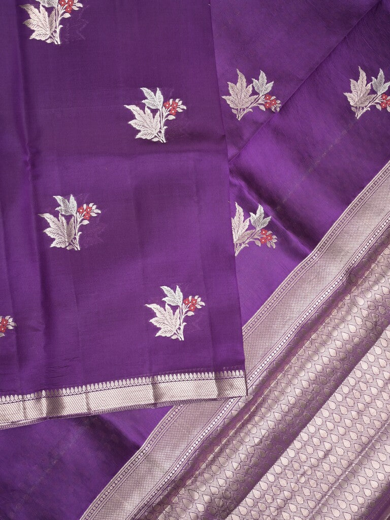 Raw mango pattu saree violet color allover zari weaves & small zari border with short pallu and contrast blouse