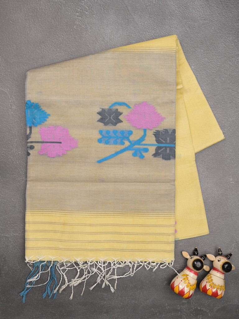 Khadhi cotton saree light yellow color allover butis & small kaddi border with weaving pallu and plain blouse