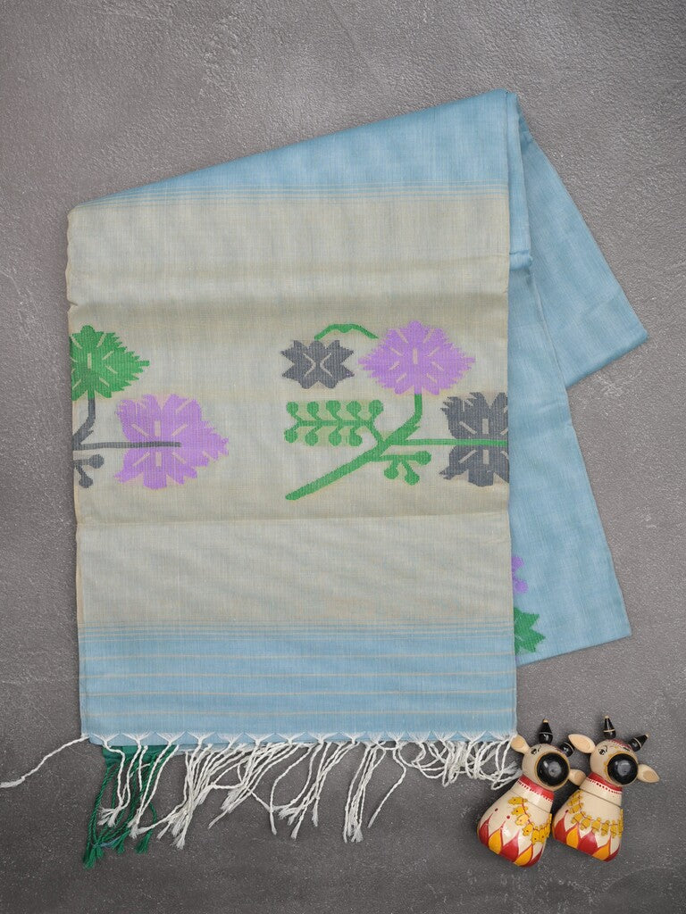 Khadhi cotton saree light blue color allover butis & small kaddi border with weaving pallu and plain blouse