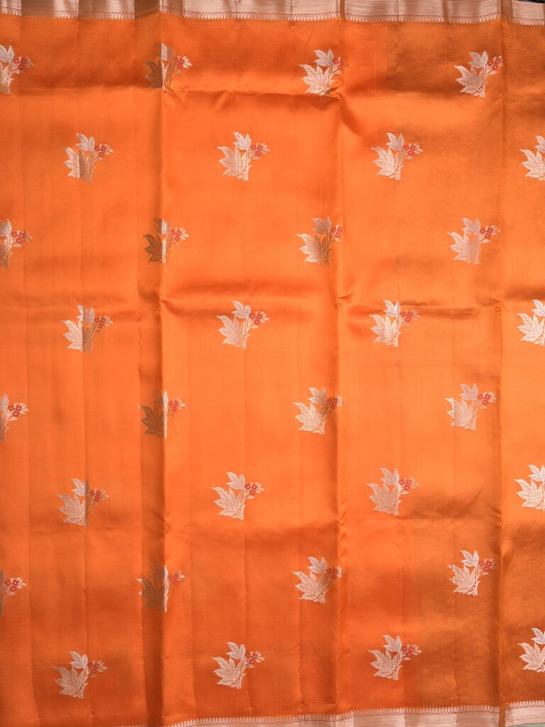 Raw mango pattu saree orange color allover zari weaves & small zari border with short pallu and contrast blouse