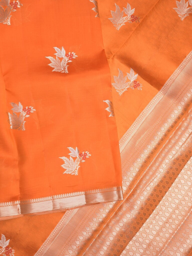 Raw mango pattu saree orange color allover zari weaves & small zari border with short pallu and contrast blouse