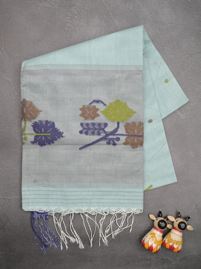 Khadhi cotton saree pastel blue color allover butis & small kaddi border with weaving pallu and plain blouse