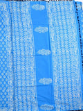 Mul mul cottton saree sky blue color allover prints & fancy border with printed pallu and attached plain blouse