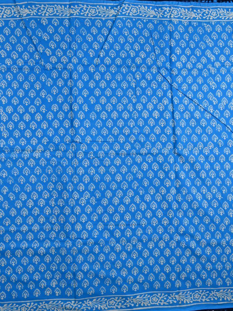 Mul mul cottton saree sky blue color allover prints & fancy border with printed pallu and attached plain blouse