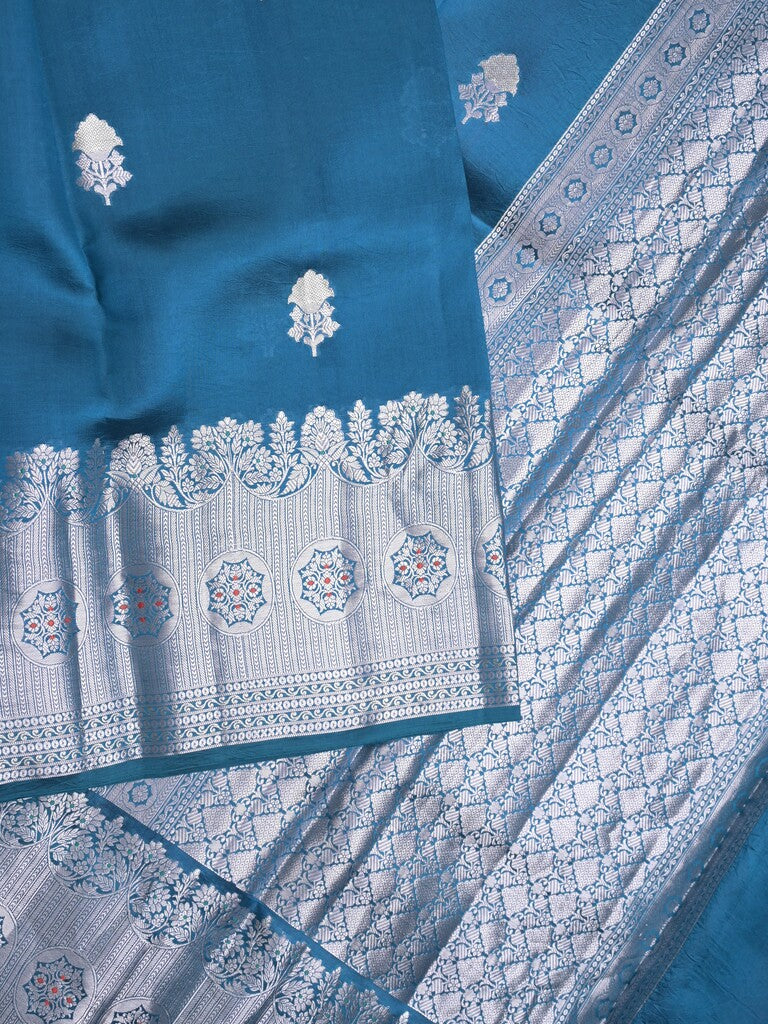 Raw mango pattu saree peacock blue color allover zari weaves & zari border with brocade pallu and contrast blouse