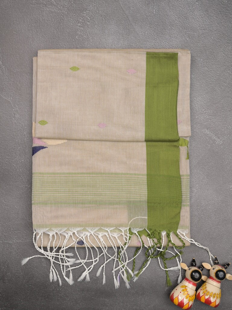 Khadhi cotton saree light beige color allover butis & small kaddi border with weaving pallu and plain blouse