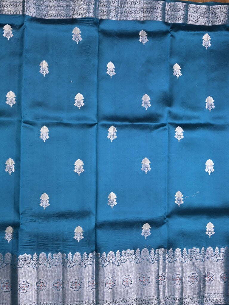 Raw mango pattu saree peacock blue color allover zari weaves & zari border with brocade pallu and contrast blouse