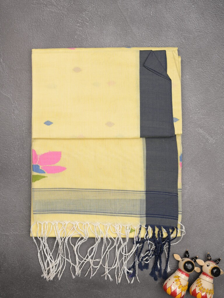 Khadhi cotton saree light yellow color allover butis & small kaddi border with weaving pallu and plain blouse