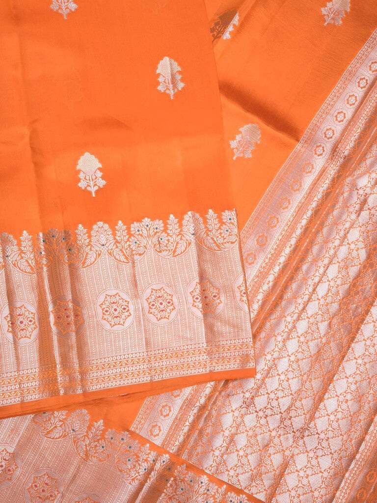 Raw mango pattu saree orange color allover zari weaves & zari border with brocade pallu and contrast blouse