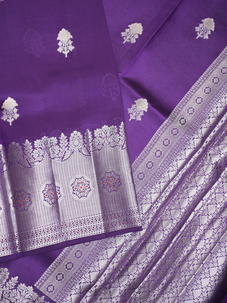 Raw mango pattu saree violet color allover zari weaves & zari border with brocade pallu and contrast blouse