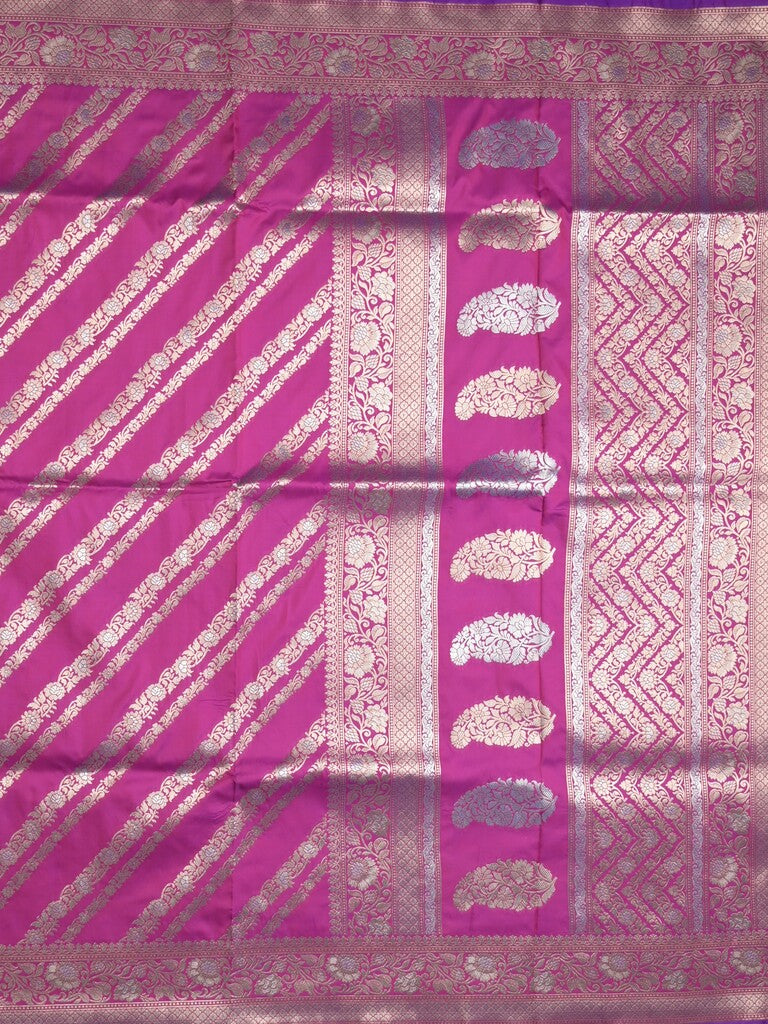 Banaras fancy saree purple color allover zari stripes & zari border with rich pallu and attached brocade blouse