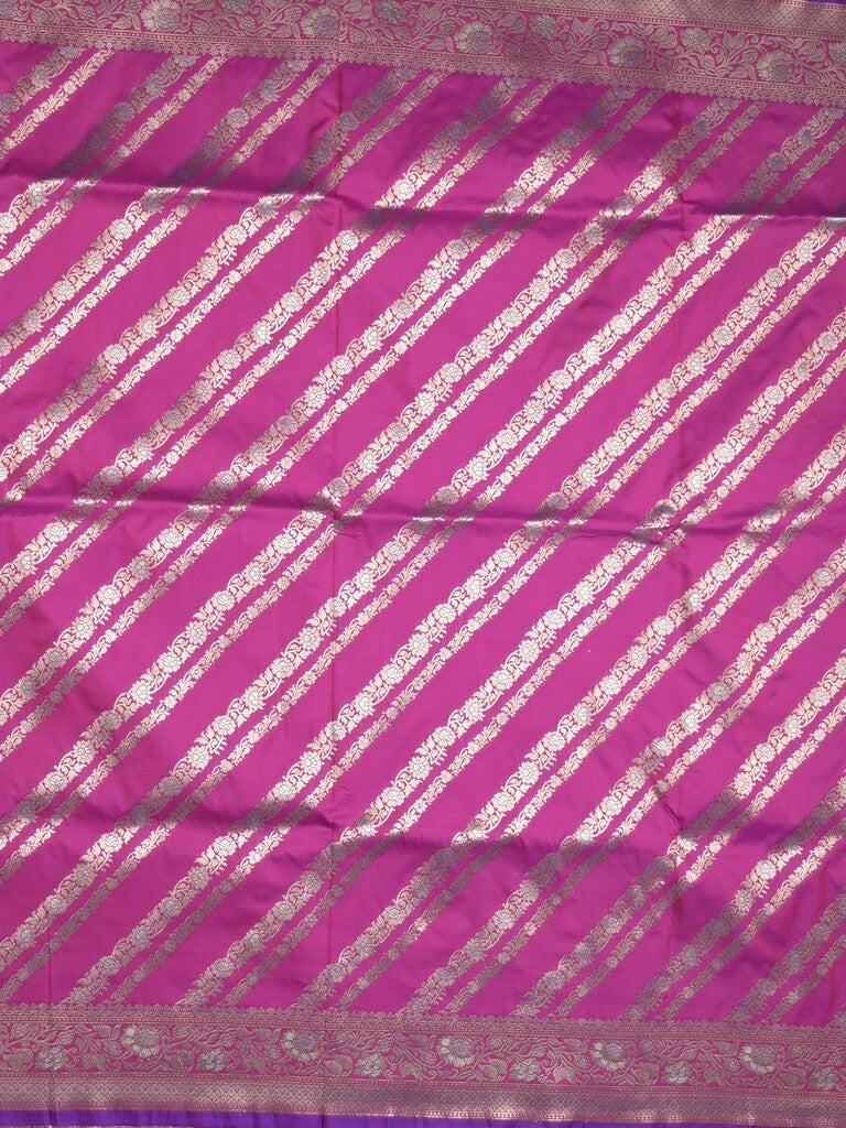 Banaras fancy saree purple color allover zari stripes & zari border with rich pallu and attached brocade blouse