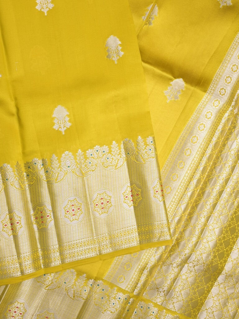Raw mango pattu saree yellow color allover zari weaves & zari border with brocade pallu and contrast blouse