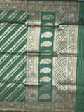 Banaras fancy saree bottle green color allover zari stripes & zari border with rich pallu and attached brocade blouse