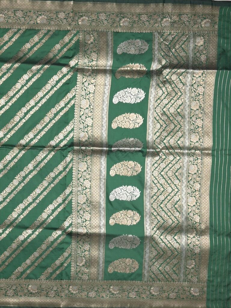 Banaras fancy saree bottle green color allover zari stripes & zari border with rich pallu and attached brocade blouse