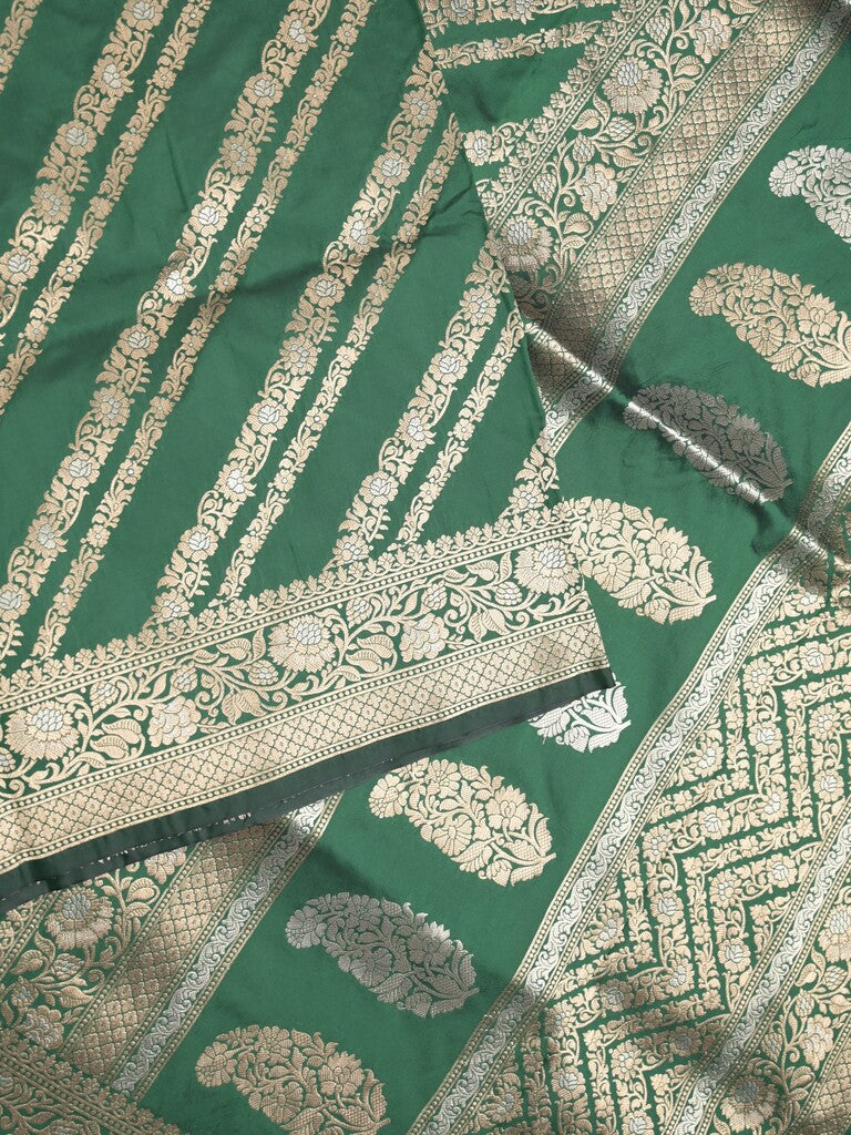 Banaras fancy saree bottle green color allover zari stripes & zari border with rich pallu and attached brocade blouse