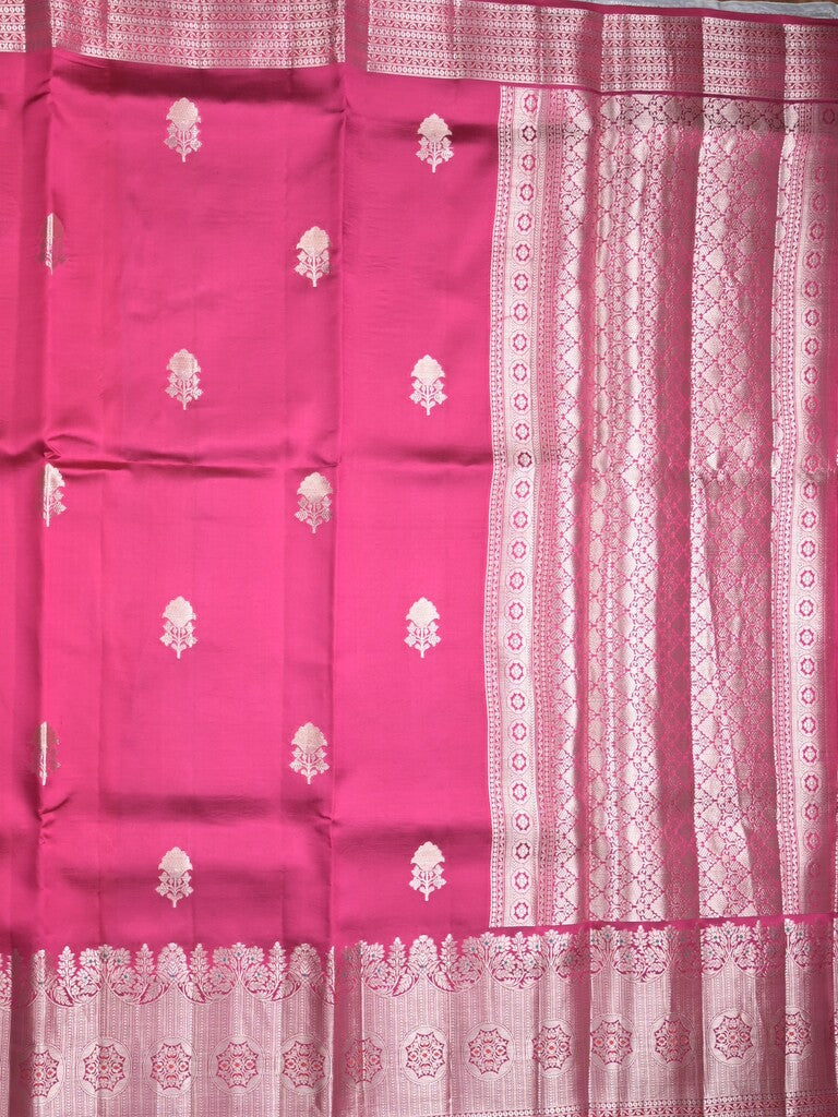 Raw mango pattu saree pink color allover zari weaves & zari border with brocade pallu and contrast blouse