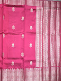 Raw mango pattu saree pink color allover zari weaves & zari border with brocade pallu and contrast blouse