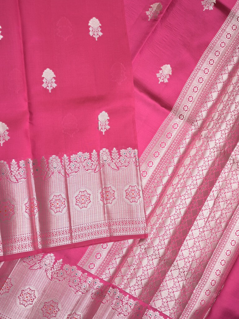Raw mango pattu saree pink color allover zari weaves & zari border with brocade pallu and contrast blouse