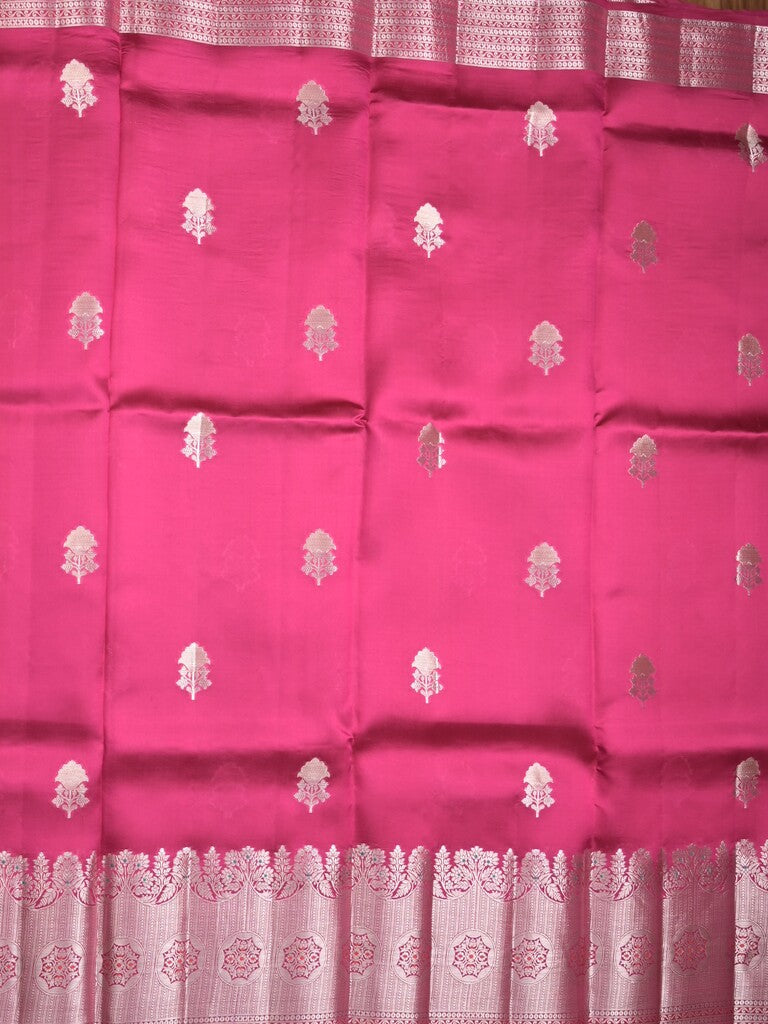 Raw mango pattu saree pink color allover zari weaves & zari border with brocade pallu and contrast blouse