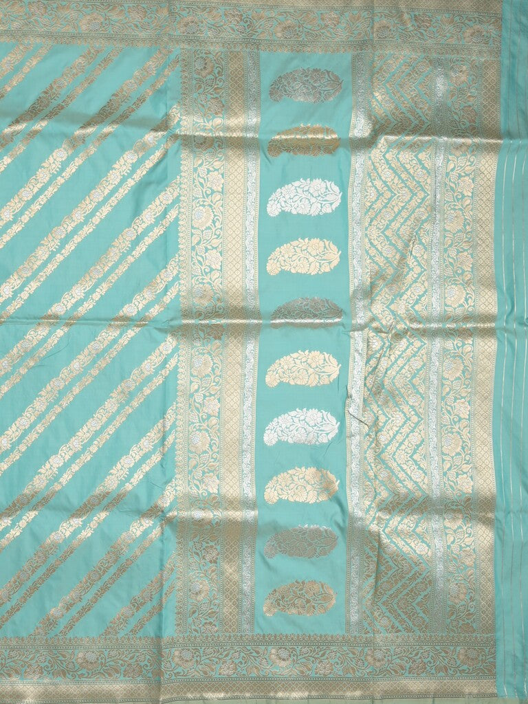 Banaras fancy saree light blue color allover zari stripes & zari border with rich pallu and attached brocade blouse