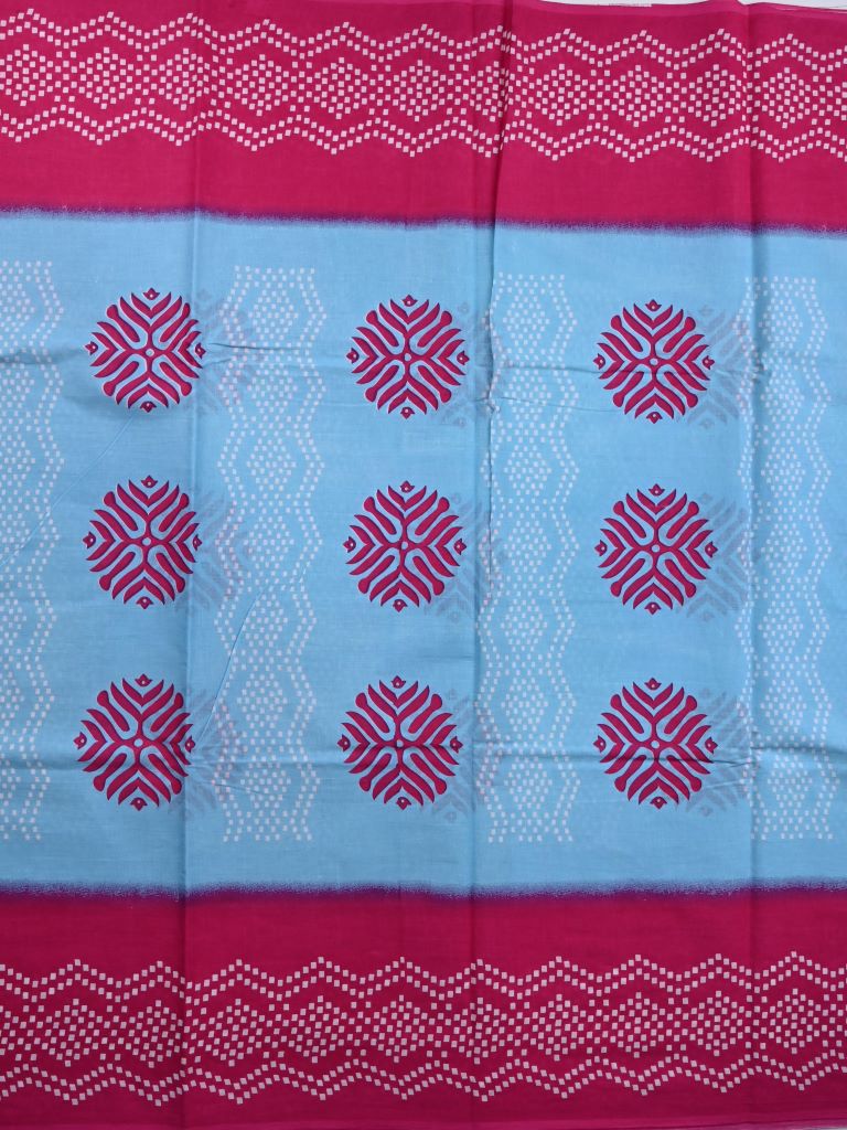 Cotton printed saree sky blue color allover prints & printed border with printed pallu and plain blouse