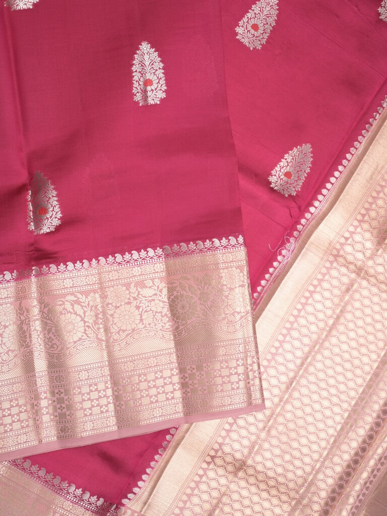 Raw mango pattu saree magenta pink color allover zari weaves & zari border with brocade pallu and contrast blouse