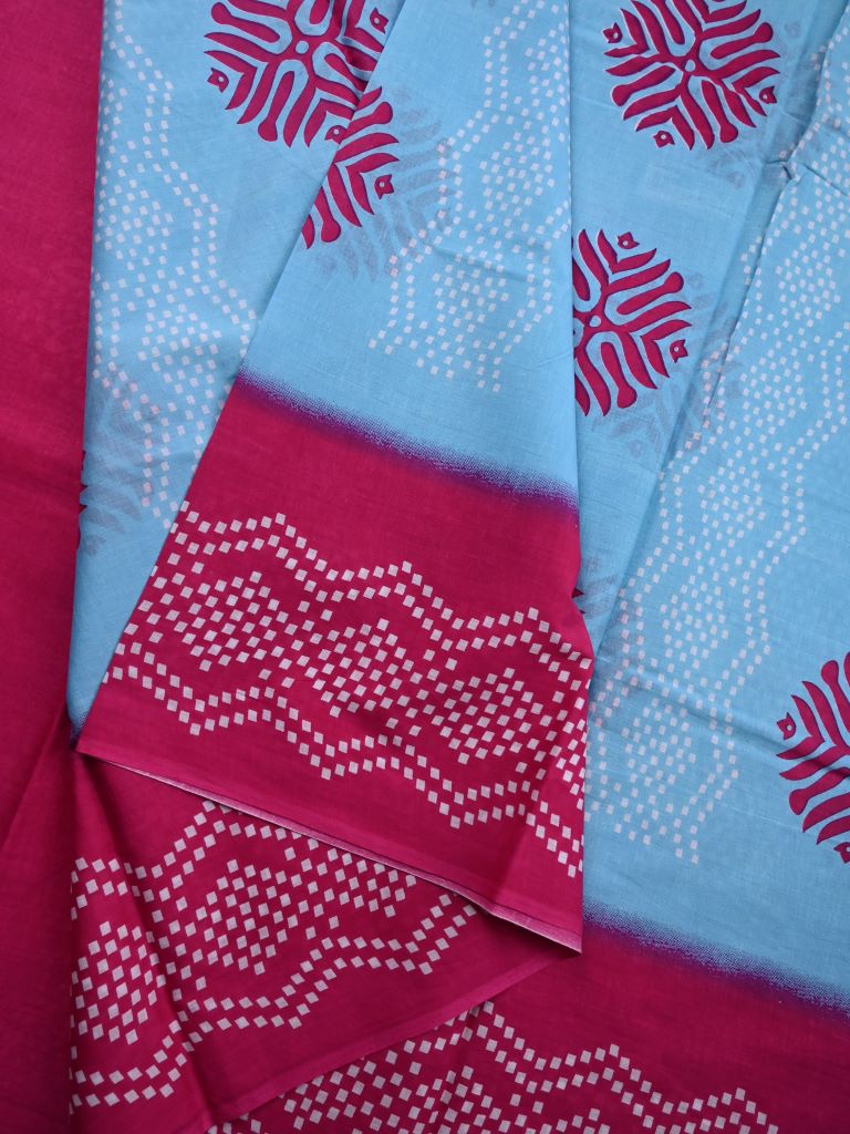 Cotton printed saree sky blue color allover prints & printed border with printed pallu and plain blouse