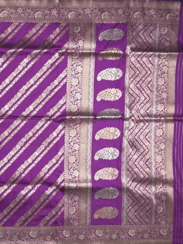 Banaras fancy saree dark purple color allover zari stripes & zari border with rich pallu and attached brocade blouse