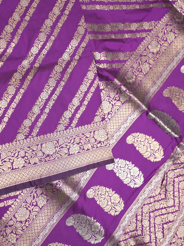 Banaras fancy saree dark purple color allover zari stripes & zari border with rich pallu and attached brocade blouse