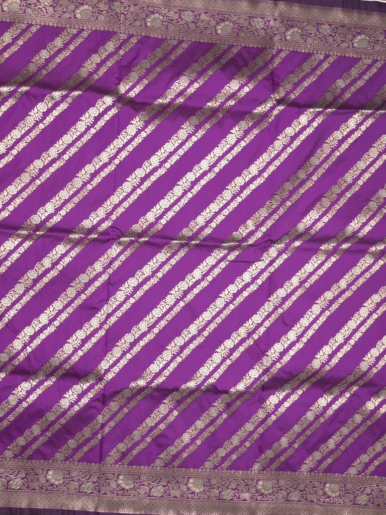 Banaras fancy saree dark purple color allover zari stripes & zari border with rich pallu and attached brocade blouse