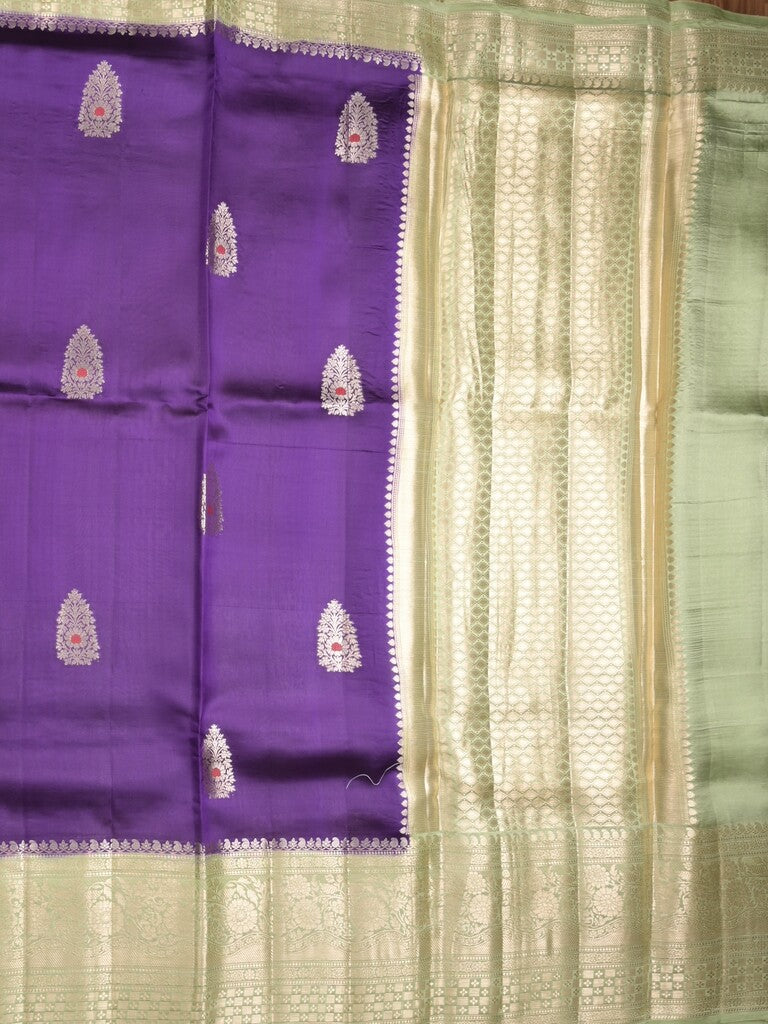 Raw mango pattu saree violet color allover zari weaves & zari border with brocade pallu and contrast blouse
