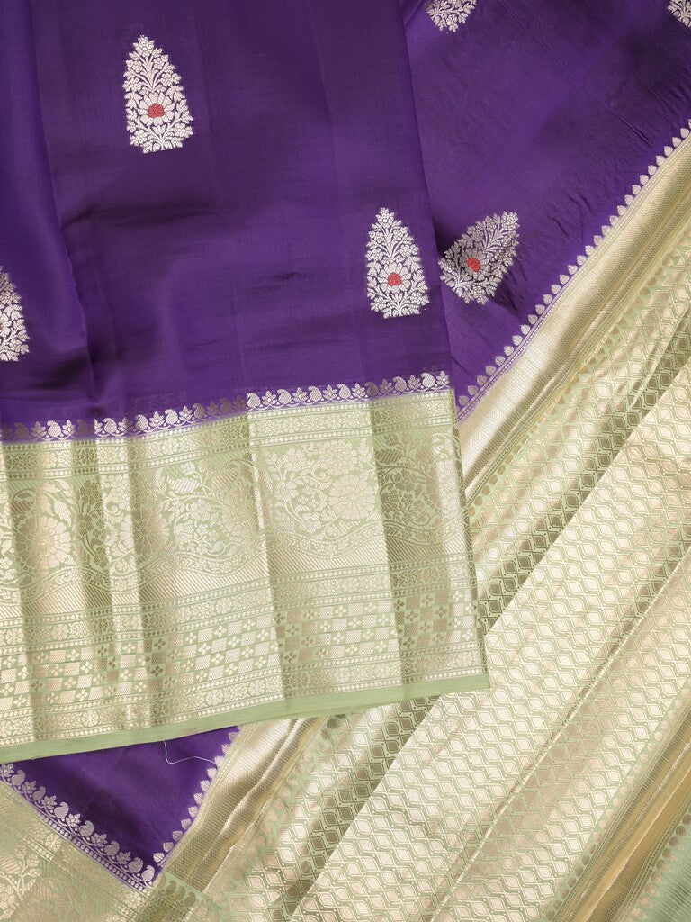 Raw mango pattu saree violet color allover zari weaves & zari border with brocade pallu and contrast blouse