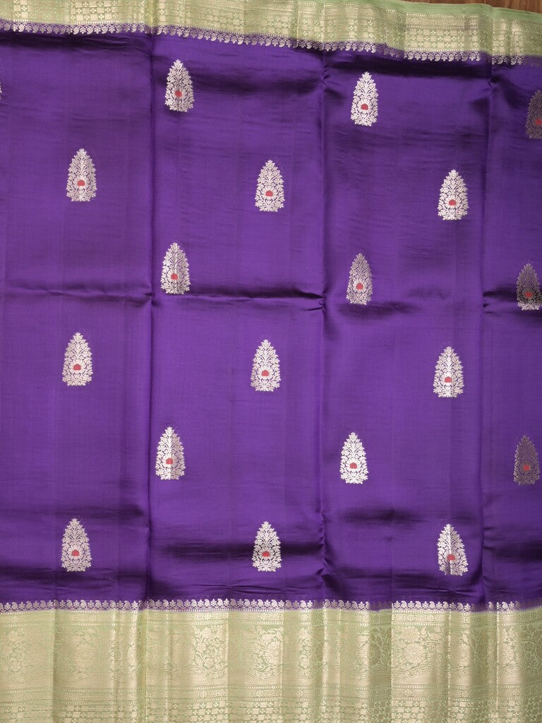 Raw mango pattu saree violet color allover zari weaves & zari border with brocade pallu and contrast blouse