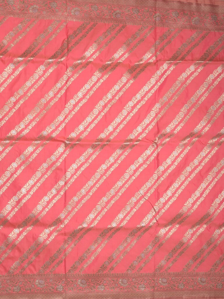 Banaras fancy saree coral pink color allover zari stripes & zari border with rich pallu and attached brocade blouse