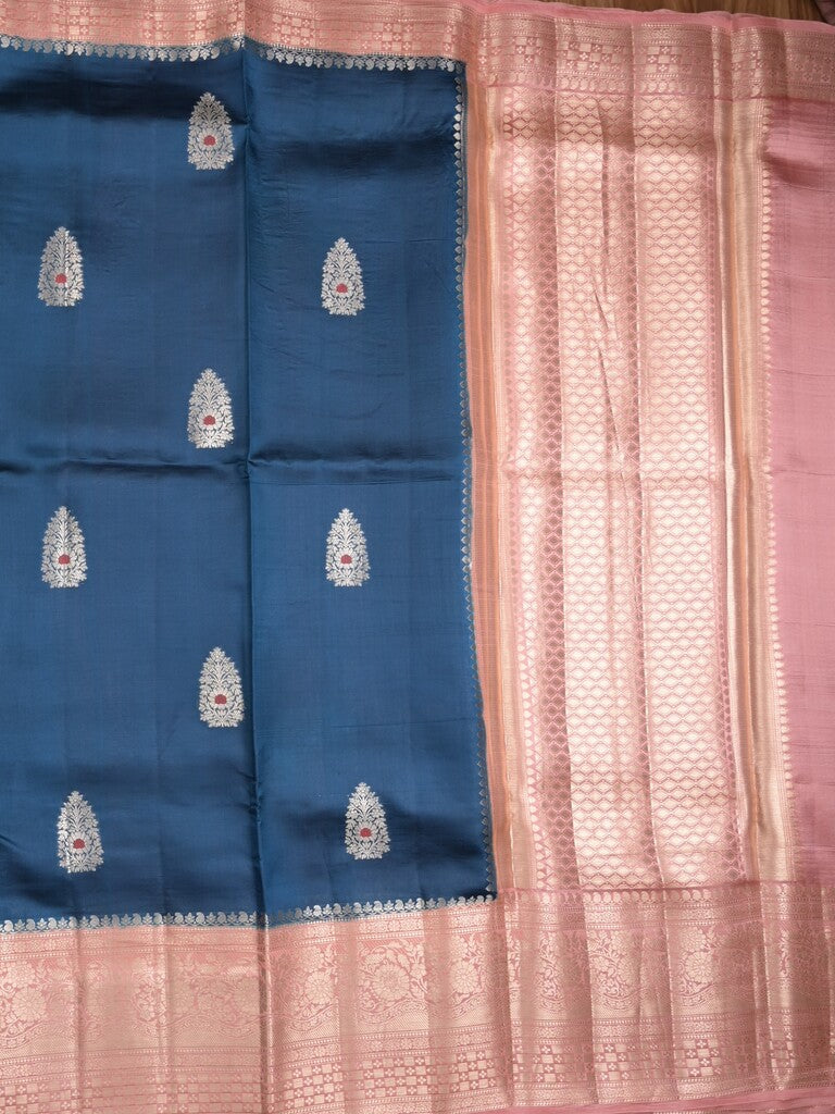 Raw mango pattu saree peacock blue color allover zari weaves & zari border with brocade pallu and contrast blouse