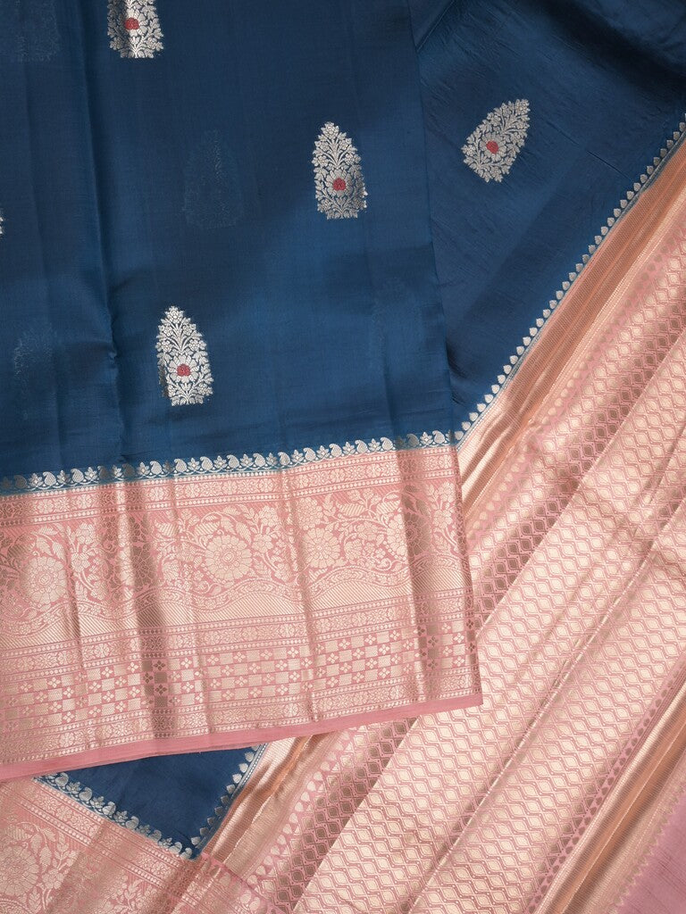 Raw mango pattu saree peacock blue color allover zari weaves & zari border with brocade pallu and contrast blouse