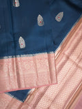 Raw mango pattu saree peacock blue color allover zari weaves & zari border with brocade pallu and contrast blouse