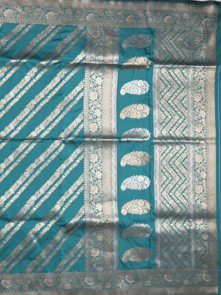 Banaras fancy saree peacock blue color allover zari stripes & zari border with rich pallu and attached brocade blouse