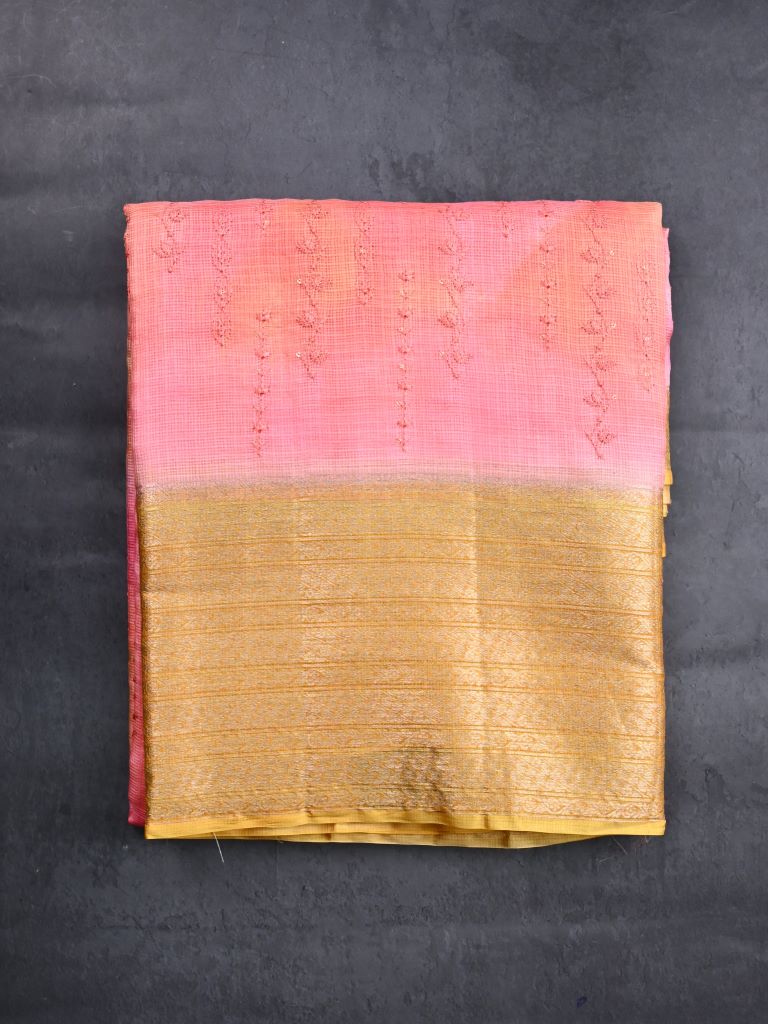 Pure silk kota fancy saree coral pink color allover embroidery design & zari border with short pallu and attached plain blouse