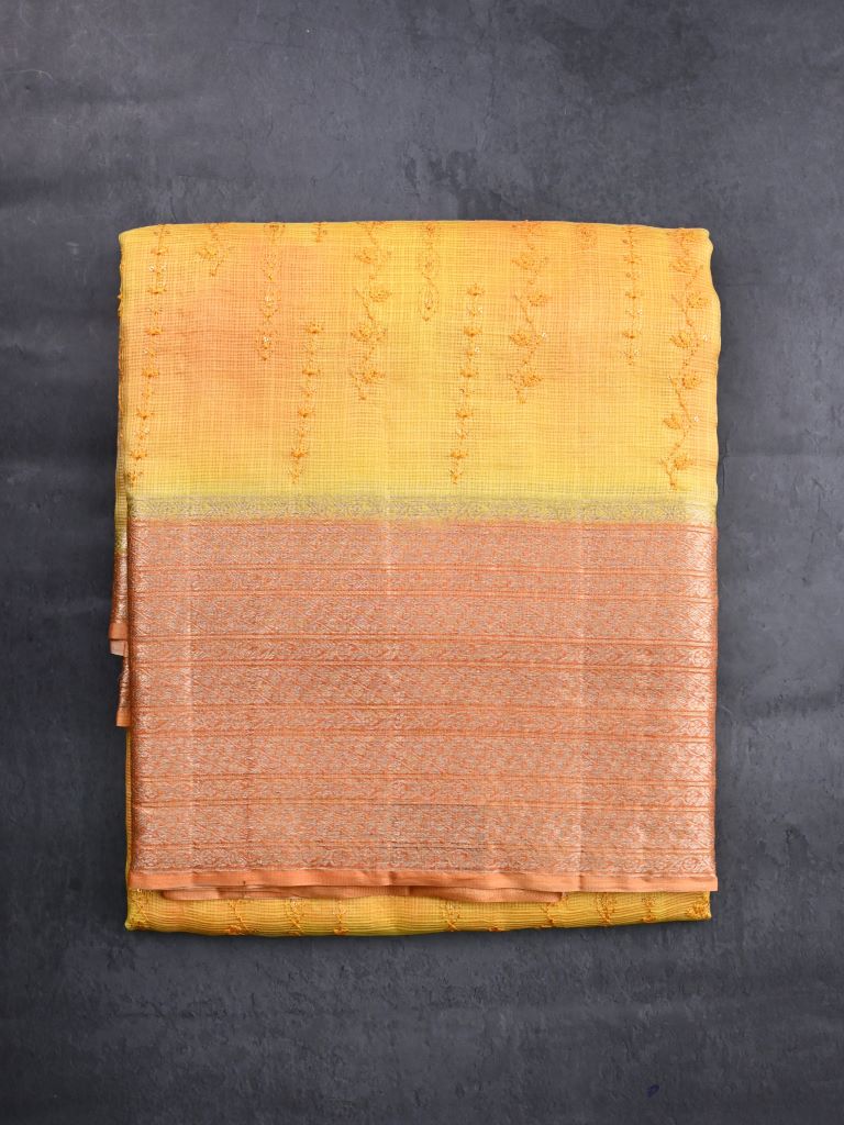 Pure silk kota fancy saree golden yellow color allover embroidery design & zari border with short pallu and attached plain blouse