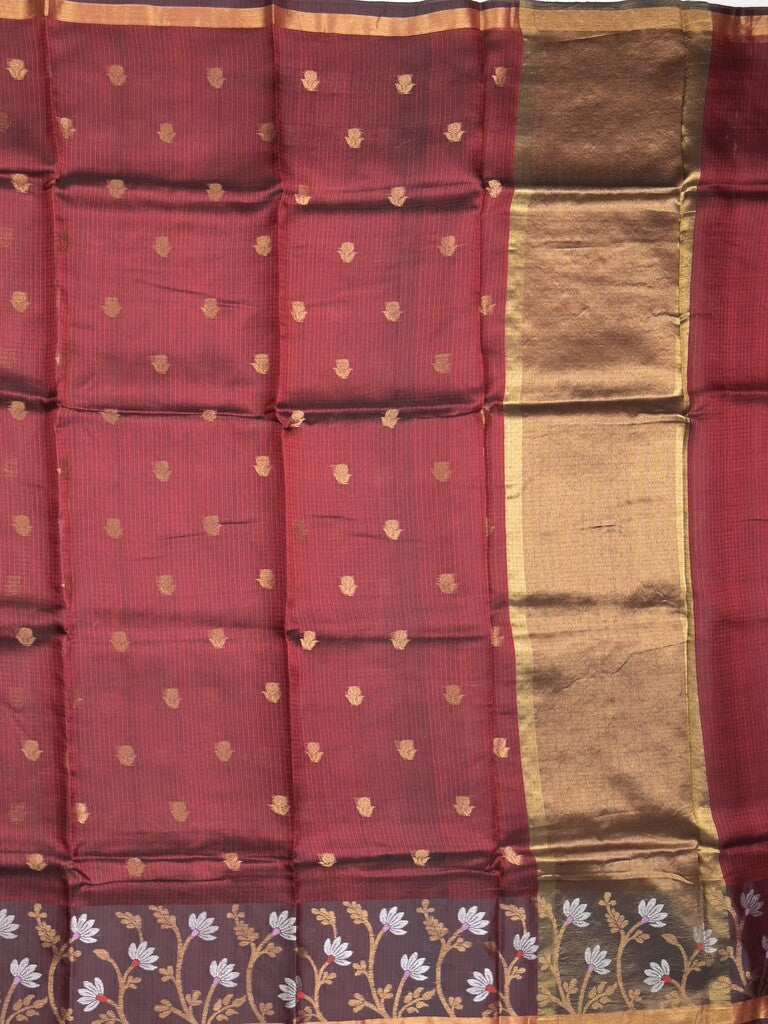 Pure silk kota fancy saree dark maroon color allover zari motifs & zari border with short zari pallu and attached plain blouse