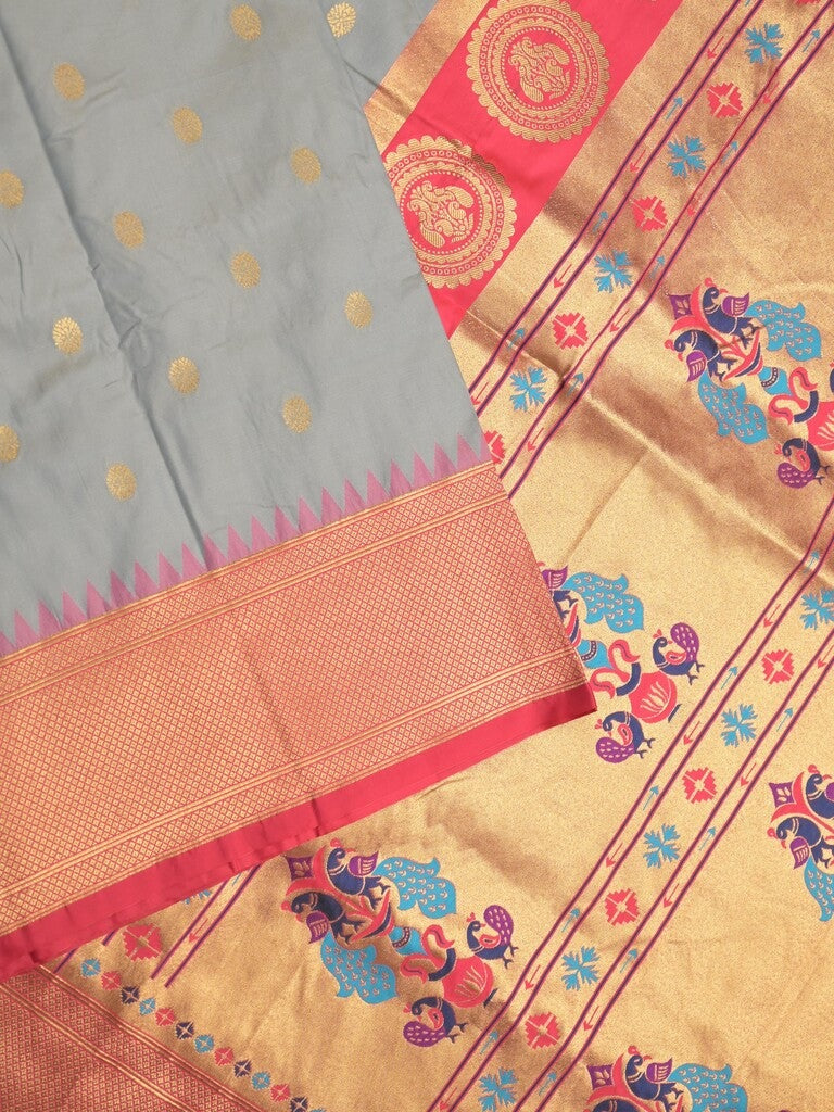 Banaras fancy saree grey color allover zari motifs & zari border with paithani pallu and contrast plain blouse