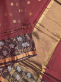 Pure silk kota fancy saree dark maroon color allover zari motifs & zari border with short zari pallu and attached plain blouse